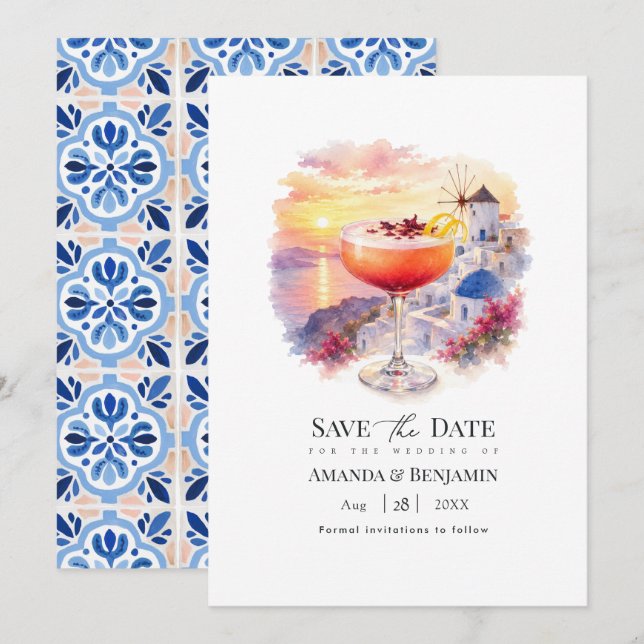 Santorini Solnedgång Cocktail Grekland Bröllop Spara Datumet (Fram/baksida)