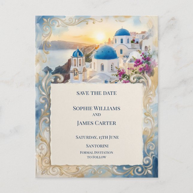 Santorini Solnedgång Kant Save The Date Brevkort Vykort (Framsida)