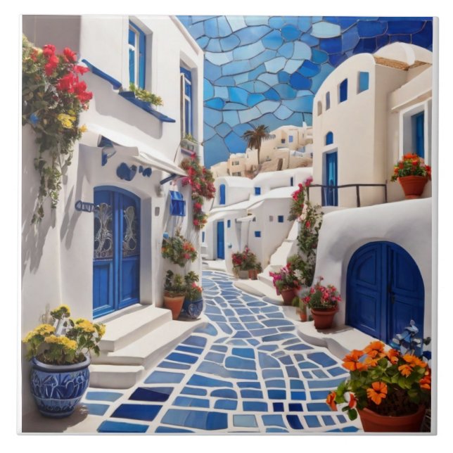 Santorini Street, Grekland, grekiska Mixed Media M Kakelplatta (Framsidan)