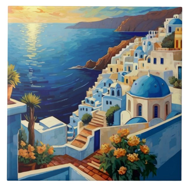 Santorini Sunrise - Grekland - byn Grekiska öarna Kakelplatta (Framsidan)