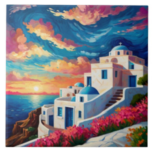 Santorini Sunset, Grekland - Shock rosa Flowers Gr Kakelplatta