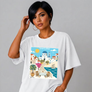Santorini-tema Sommar Resa Digital Konst Anpassad T Shirt