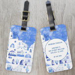 Santorini Watercolor Art Art Bagagebricka<br><div class="desc">Blåfärgad och vit färgsmålning av staden Oia på den vackra grekiska ön Santorini för att få resväskor att stå ut från folkmassan. Originalkonst av Nic Squirrell. Ändra informationen på baksidan till att anpassa.</div>
