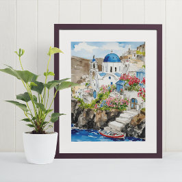 Santorini Watercolor Art Skriv ut Poster