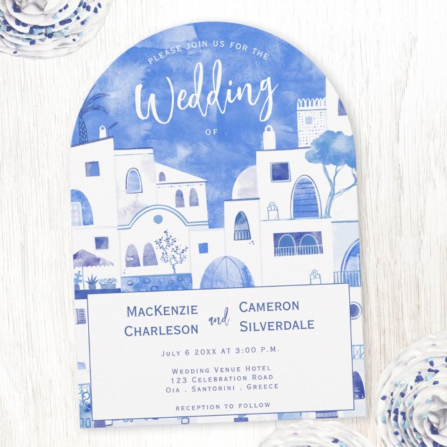 Santorini Watercolor Bröllop Inbjudningar (Santorini watercolor art arched wedding invitation)
