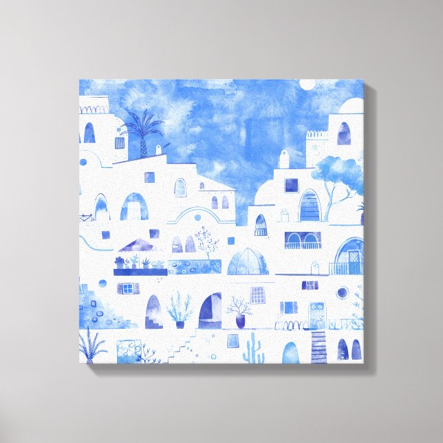 Santorini Watercolor Canvastryck (Framsida)