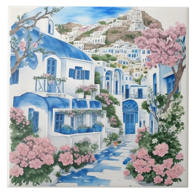 Santorini Watercolor Houses & Rosa Flowers Kakelplatta (Framsidan)