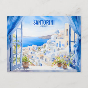 Santorini Watercolor Painting Greece Travel Art Vykort