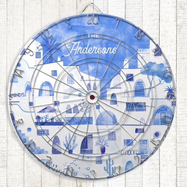 Santorini Watercolor Personlig Darttavla (Santorini Oia blue and white watercolor art dartboard)
