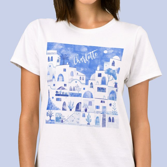 Santorini Watercolor Personlig T Shirt (Personalized name Santorini Oia Greek Island blue and white art t-shirt)
