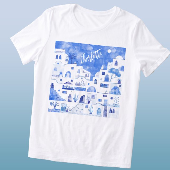 Santorini Watercolor Personlig T Shirt (Santorini Oia Greek island blue and white watercolor art personalized name triblend t-shirt)