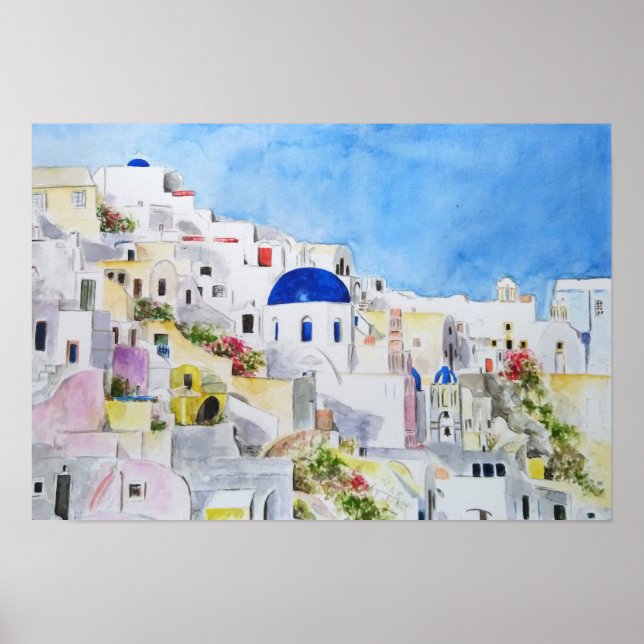 Santoroni Greece Aegean Sea vattcolor-målning Poster (Framsidan)