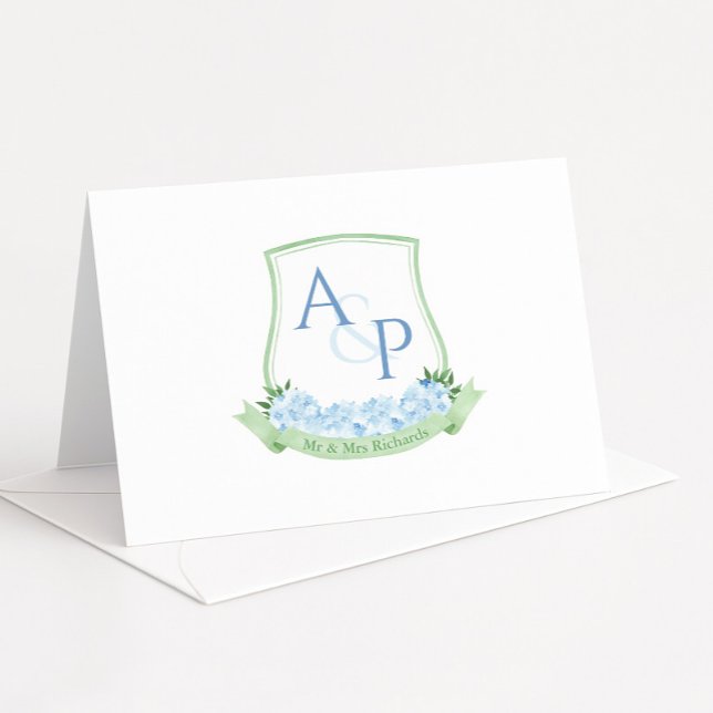 Sap Grönt Blue Hydrangea Botanical Bröllop Vapensk Tack Kort (Watercolor sap green wedding crest with blue hydrangeas and monogram text thank you cards)