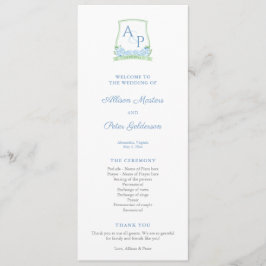 Sap Grönt Blue Hydrangea Monogram Bröllopsprogram Program