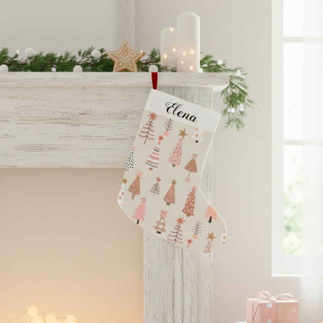 Sapins de Noël Rose Scandinave Liten Julstrumpa (chaussette noël personnalisée enfant, motif sapins de noël rose, style scandinave)
