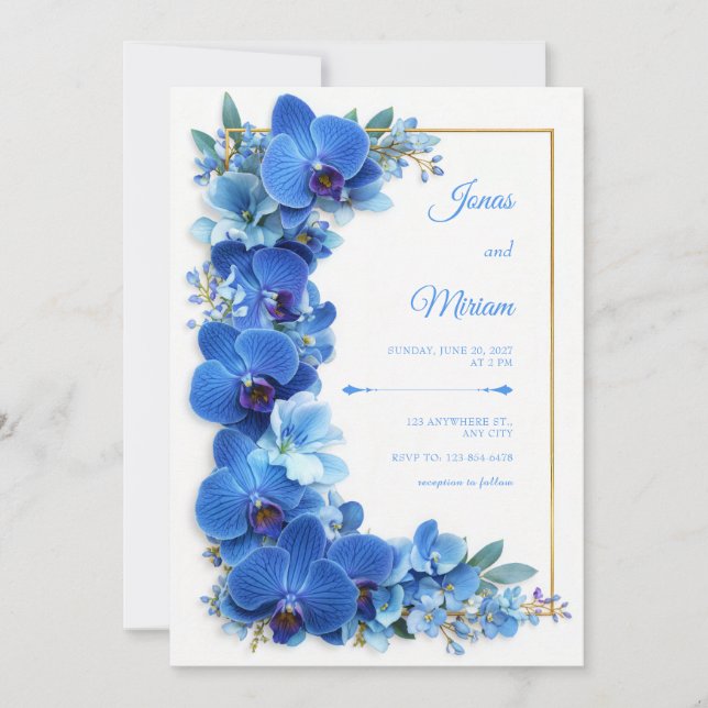 Sapphire Azure Gilded Orchid Botanical Wedding Inbjudningar (Framsida)