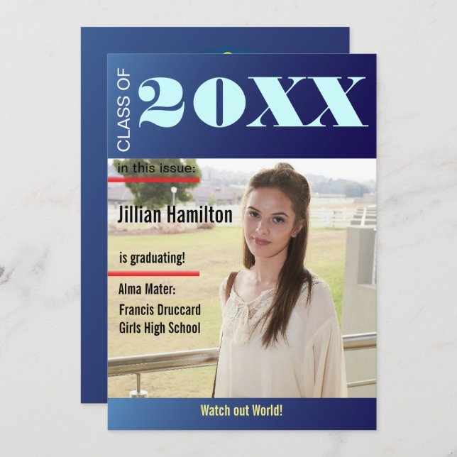 Sapphire Blå Examen Magasin Omslag Inbjudan (Fram/baksida)