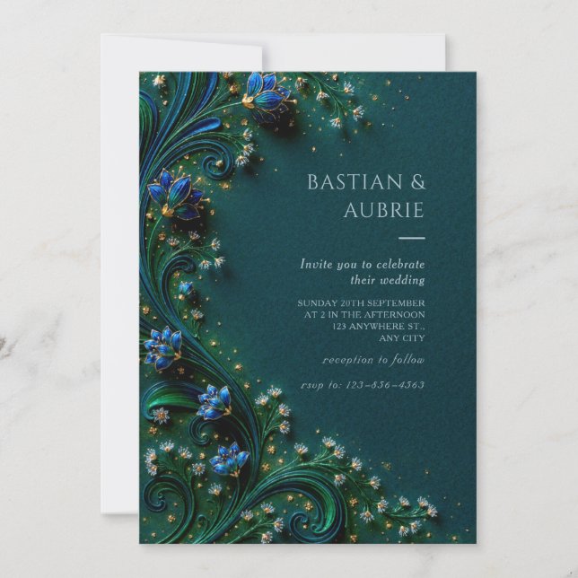 Sapphire Bloom Emerald Wedding Inbjudningar (Framsida)