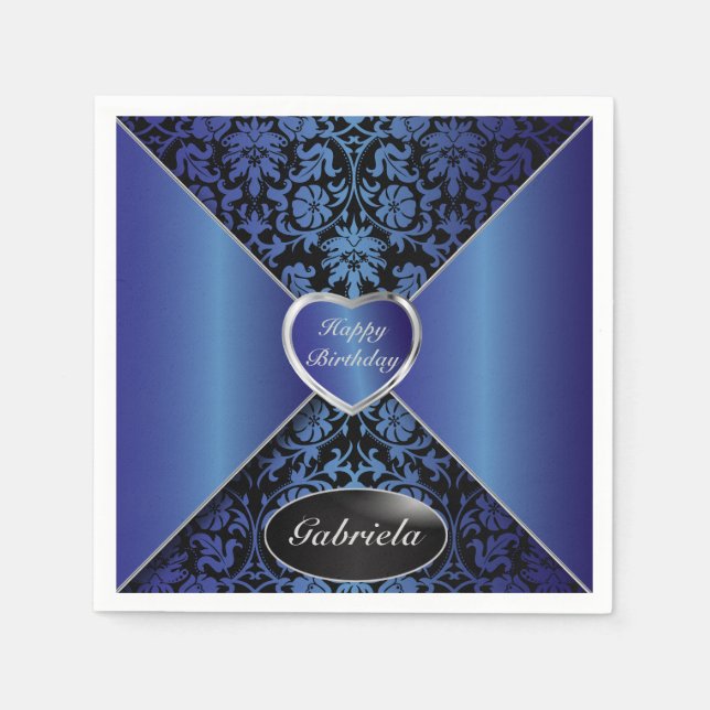 Sapphire Blue and Black Damask | Anpassa Pappersservett (Framsidan)