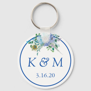 Sapphire Blue Blommigt Monogram Wedding Favor Nyckelring