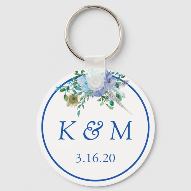 Sapphire Blue Blommigt Monogram Wedding Favor Nyckelring (Framsida)