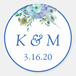 Sapphire Blue Blommigt Monogram Wedding Favor Runt Klistermärke