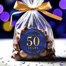 Sapphire Blue Bokeh Cheers till 50 års födelsedag Runt Klistermärke