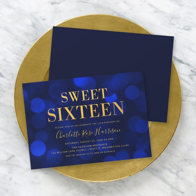 Sapphire Blue Bokeh Ljus Sweet sixteen Birthday Inbjudningar (Skapare uppladdad)