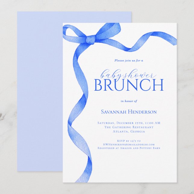 Sapphire Blue Bow Ribbon Baby Shower Brunch Inbjudningar (Fram/baksida)