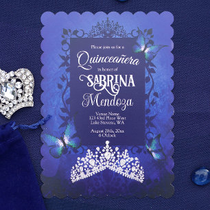 Sapphire Blue, Diamond Tiara Butterfly Quinceanera Inbjudningar