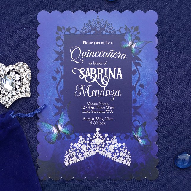 Sapphire Blue, Diamond Tiara Butterfly Quinceanera Inbjudningar (Elegant Royal Blue and Silver Quinceanera Invitation with Diamond Tiara)