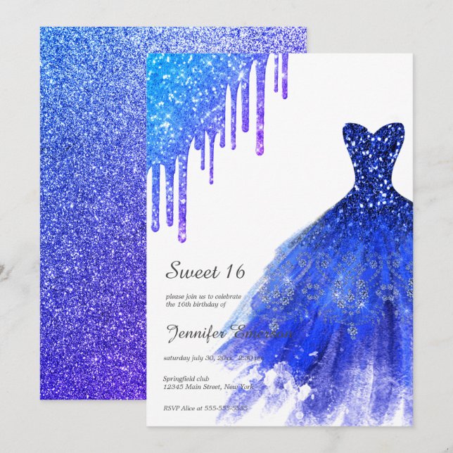 Sapphire Blue Dress Glitter Drives Sweet sixteen Inbjudningar (Fram/baksida)