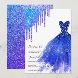 Sapphire Blue Dress Glitter Drives Sweet sixteen Inbjudningar