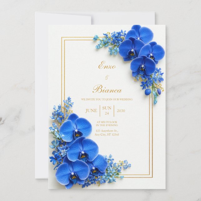 Sapphire Blue Gilded Orchid Botanical Wedding Inbjudningar (Framsida)
