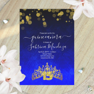 Sapphire Blue, Guld Tiara Quinceanera-inbjudan Inbjudningar