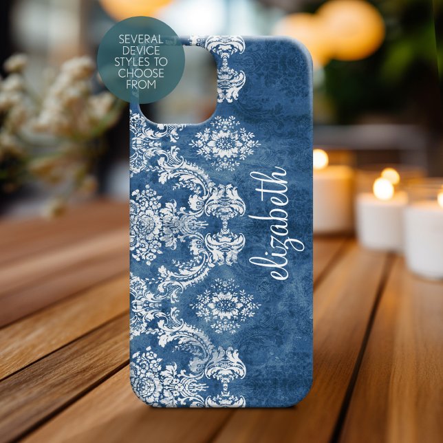 Sapphire Blue Moody Damask Pattern och Namn (Personalized Phone Case with Custom Name)