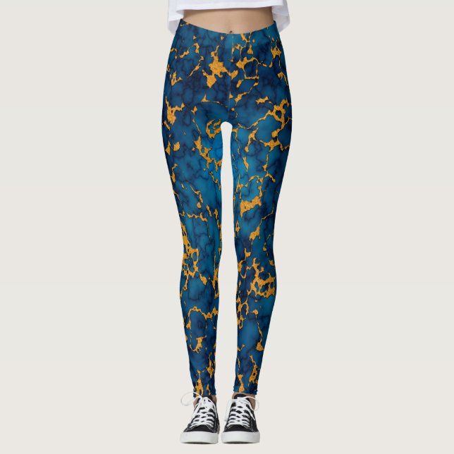 Sapphire Blue och Guld Marble Struktur Design Leggings (Framsida)