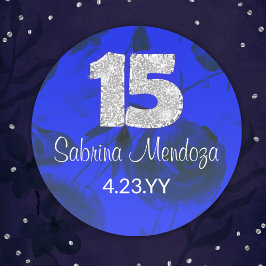 Sapphire Blue Quinceanera Silver #15 Round Sticker Runt Klistermärke