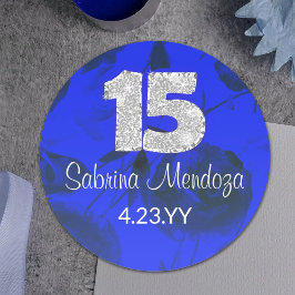 Sapphire Blue Quinceanera Silver #15 Round Sticker Runt Klistermärke