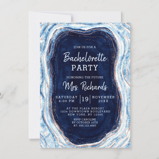Sapphire Blue Ro Guld Geode Bachelorette Party Inbjudningar (Framsida)