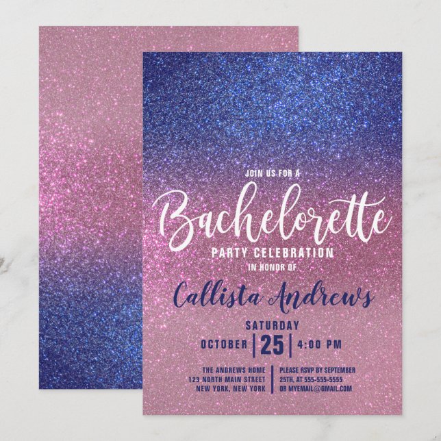 Sapphire Blue Rosa Triple Glitter Bachelorette Inbjudningar (Fram/baksida)