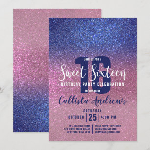 Sapphire Blue Rosa Triple Glitter Ombre Sweet 16 Inbjudningar