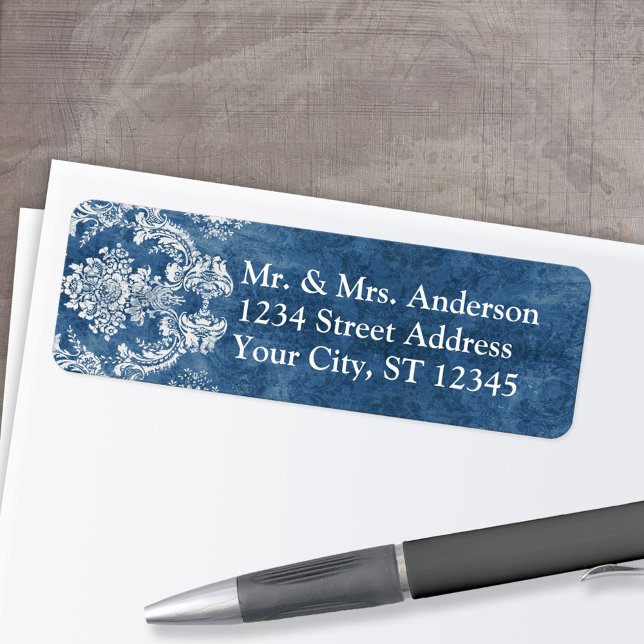 Sapphire Blue Rustic Damask Pattern Bröllop Returadress Etikett (Custom Return Address Label)