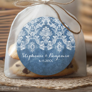 Sapphire Blue Rustic Damask Pattern Bröllop Runt Klistermärke