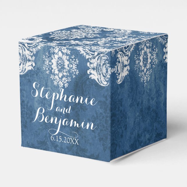 Sapphire Blue Rustic Damask Pattern Wedding Favor Presentaskar (Framsidan Sidan)