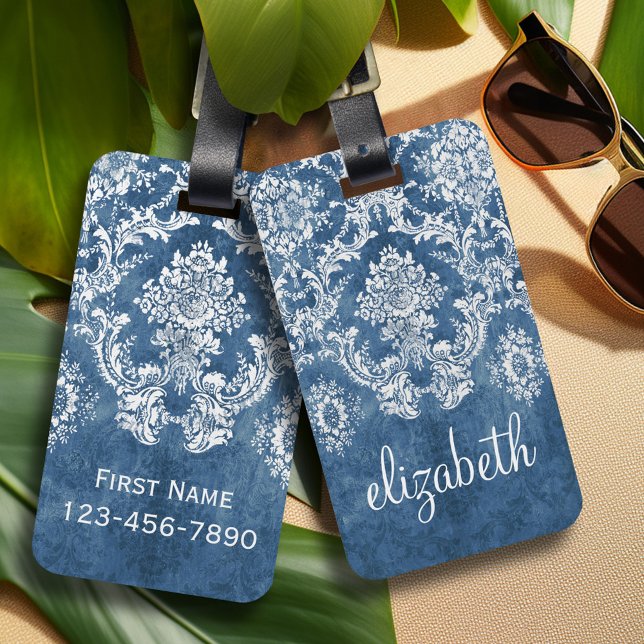Sapphire Blue Vintage Damask Pattern och Namn Bagagebricka (Personalized Luggage Tag)