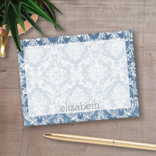 Sapphire Blue Vintage Damask Pattern och Namn Post-it Block