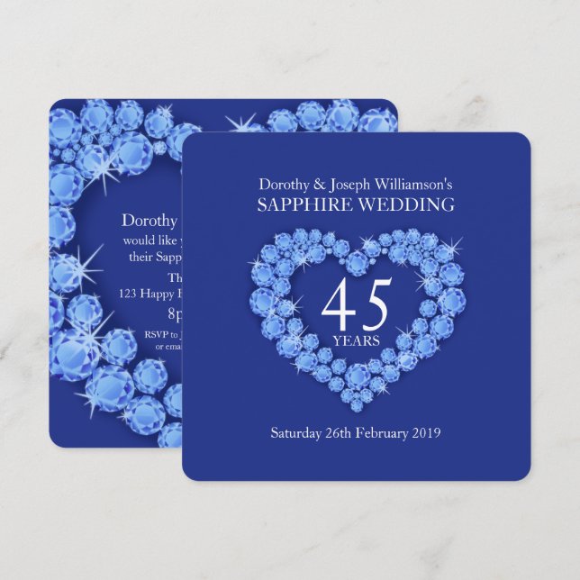 Sapphire bröllop hjärta 45 år party inbjudan (Fram/baksida)