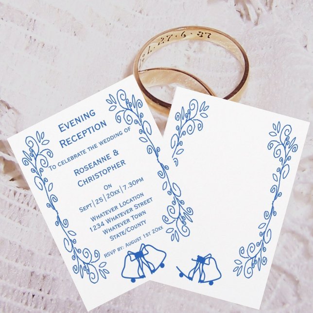 Sapphire bröllopsmottagningsinbjudan Klockor Inbjudningar (Sapphire wedding reception invitation bells and scrollwork design)