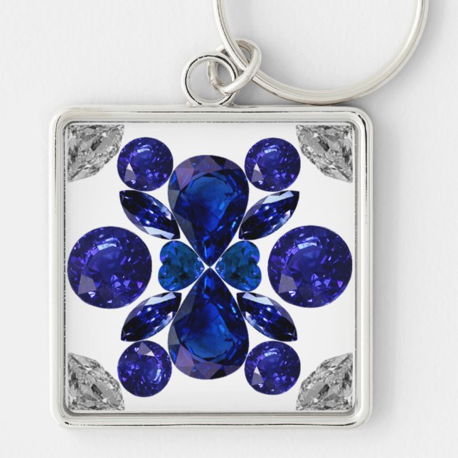 Sapphire Diamond Gemstone Art Blue Keychain Fyrkantig Silverfärgad Nyckelring (Framsidan)